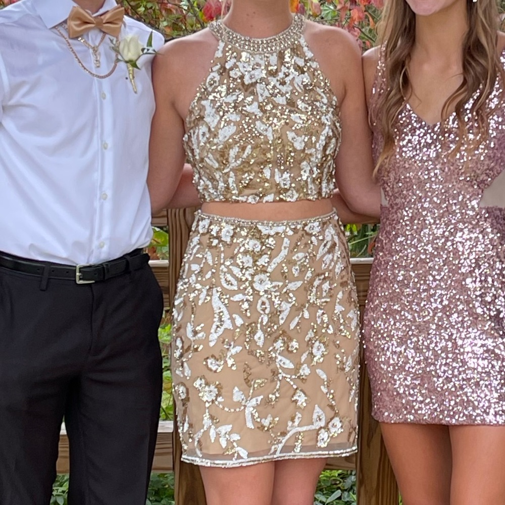 Sherri Hill 54408 nude/gold/ivory two-piece homecoming dress